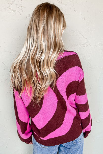 Rose Red Color Block Striped V Neck Button Front Cardigan