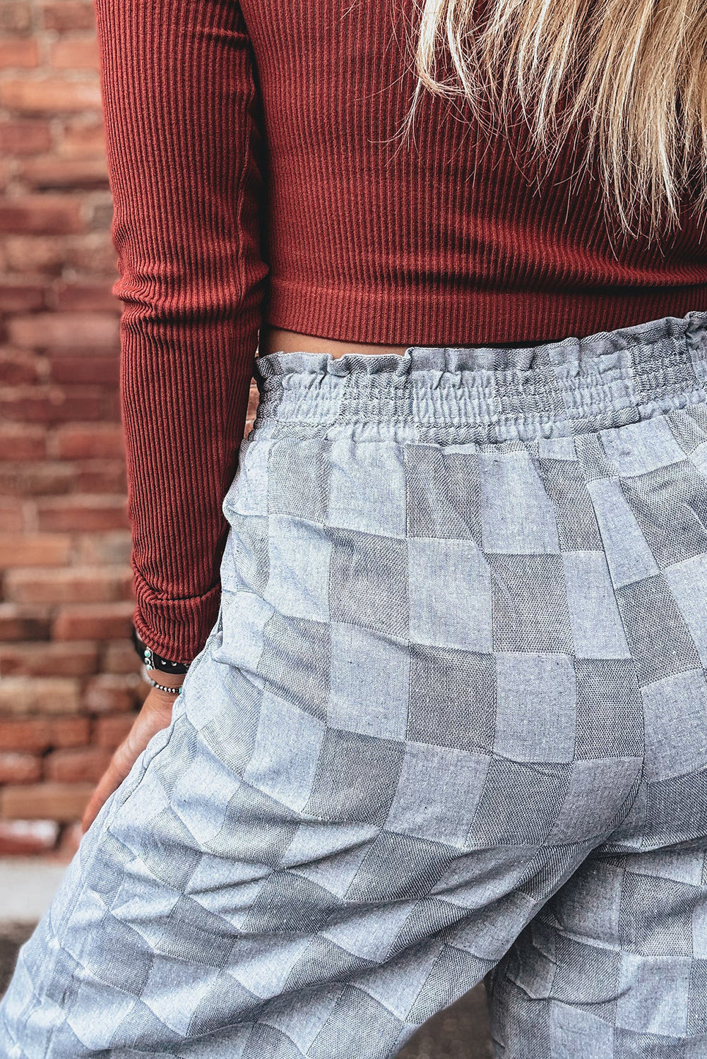 Sky Blue Frilled Elastic Waist Checkered Loose Denim Pants