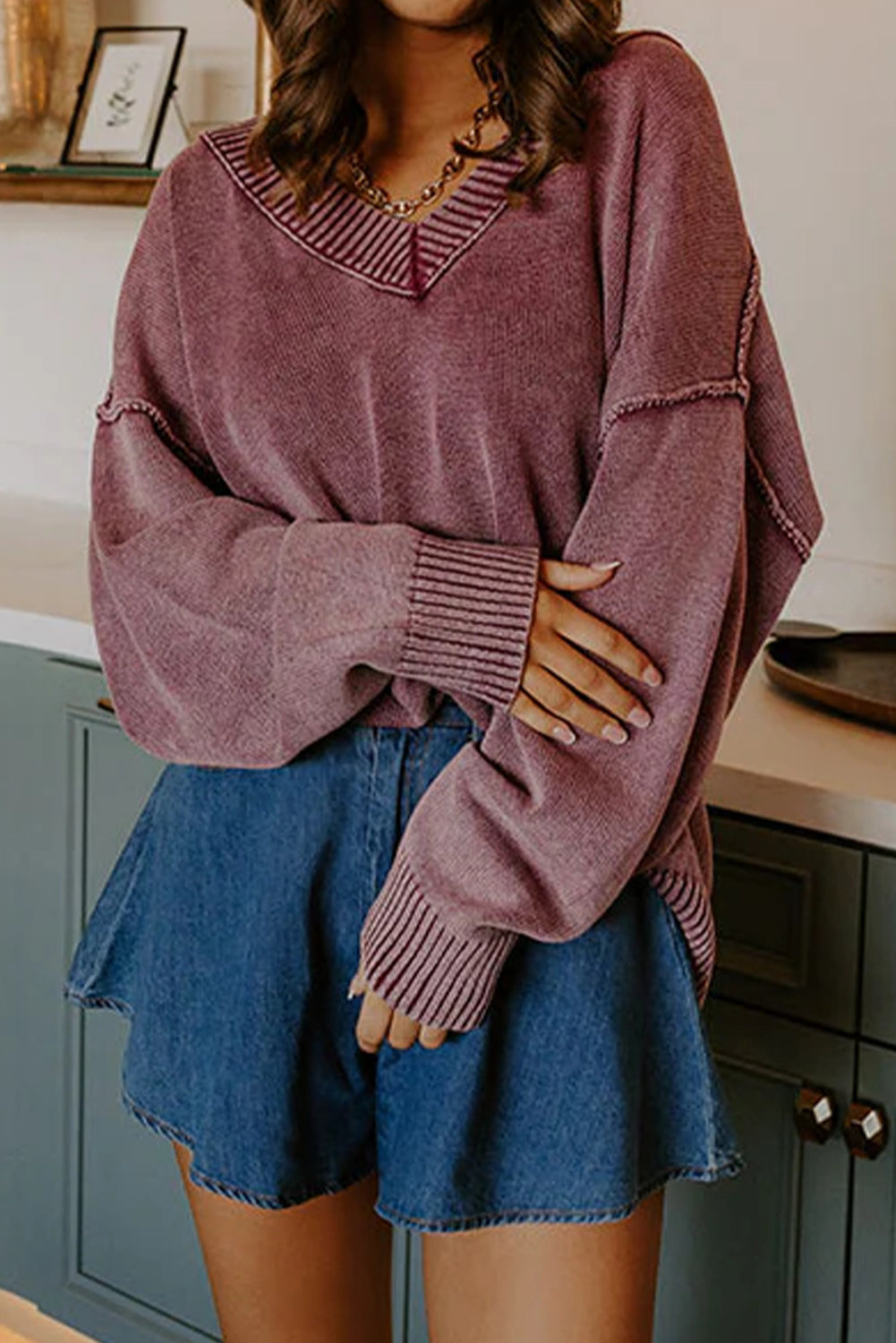 Burgundy Mineral Wash V Neck Knit Exposed Seam Drop Shoulder Loose Sweater