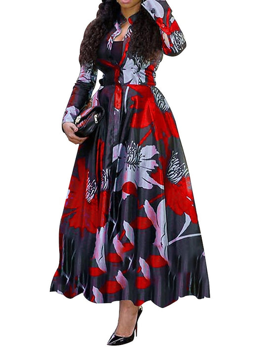 Women's Dress - Shirt Dress Work Dress A Line Dress Long Dress Maxi Dress Red Blue Fuchsia Long Sleeve Floral Print Spring Shirt Collar Elegant Summer Dress Spring Dress 2022 M L XL XXL