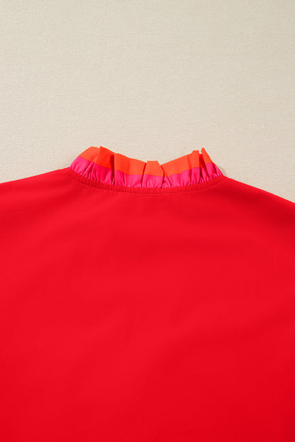 Fiery Red Striped Trim Ruffle Split Neck Long Sleeve Blouse