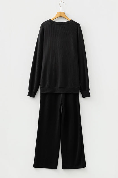 Black JOLLY Corded Long Sleeve Top and Pockets Pants Set