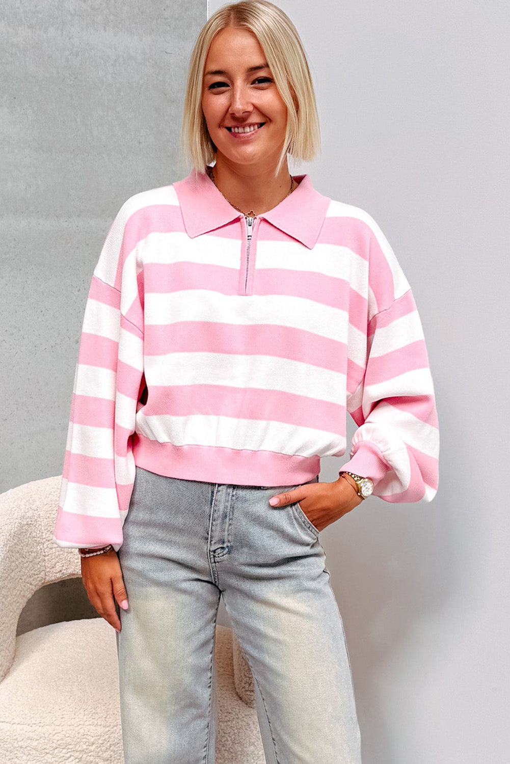 Pink Stripe Collar Zipped Drop Shoulder Casual Sweater