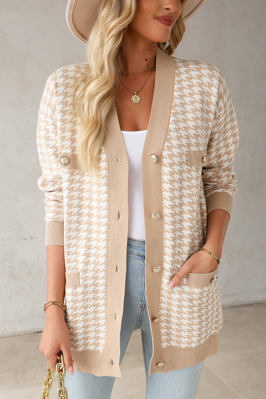 Khaki Contrast Edge Metal Button Slim Cardigan with Pockets