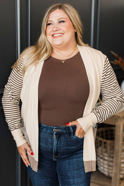 Oatmeal Color Block Patchwork Striepd Sleeve Contrasted Plus Size Sweater Cardigan