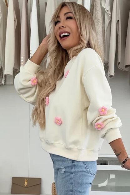 Beige Flower Crochet Drop Shoulder Pullover Sweatshirt
