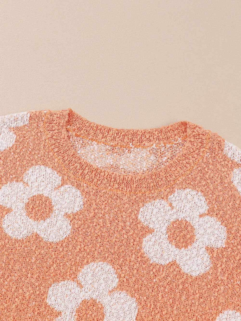 Grapefruit Orange Floral Knit Drop Shoulder Sweater with Fuzzy Texture