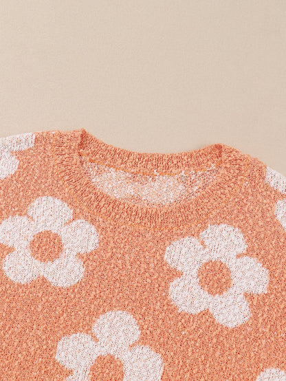 Grapefruit Orange Floral Knit Drop Shoulder Sweater with Fuzzy Texture