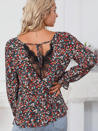 Flame Red Lace Patch V-Neck Tie-Up Puff Sleeve Floral Top