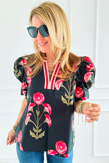 Black Floral Print Short Puff Sleeve Contrasted Striped V Neck Blouse
