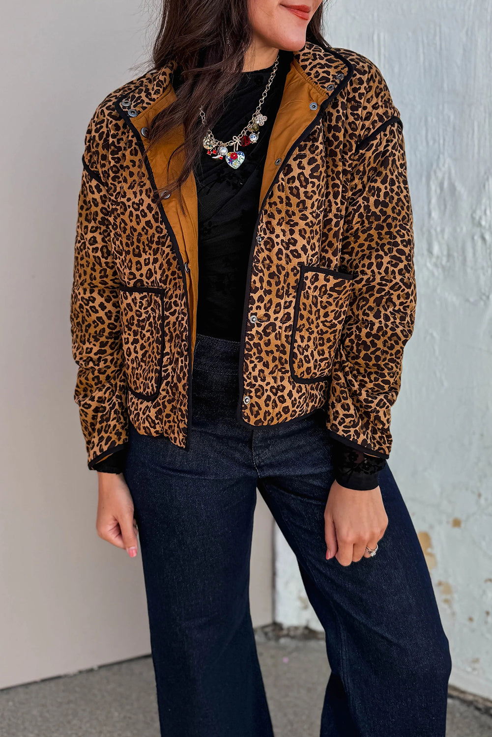 Brown Leopard Quilted Contrast Piping Jacket with Pockets