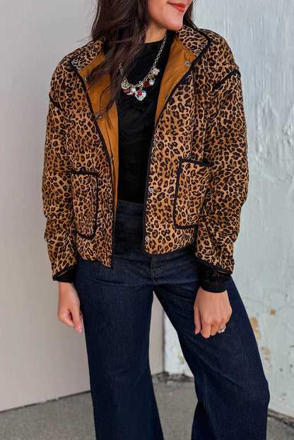 Brown Leopard Quilted Contrast Piping Jacket with Pockets