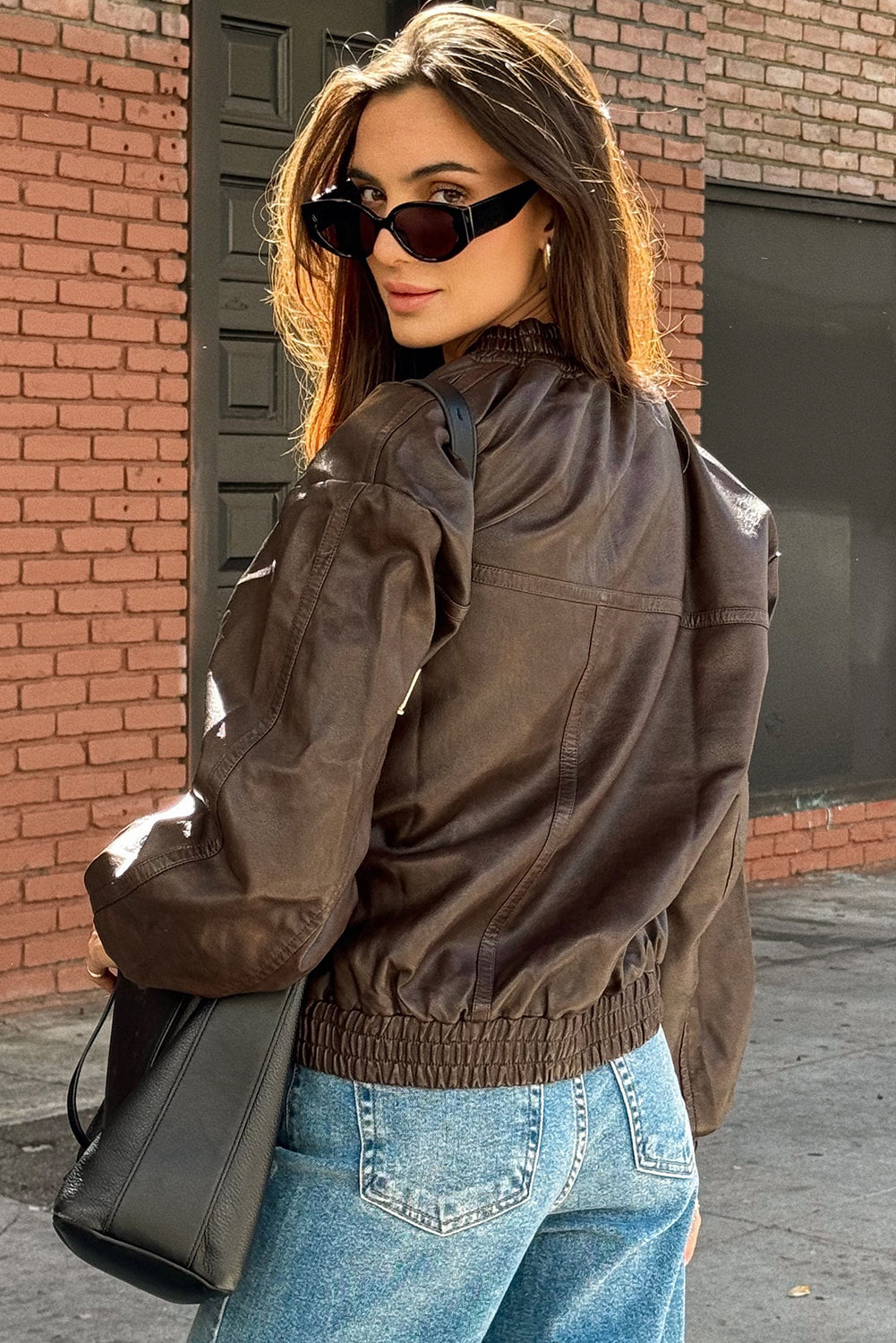 Dark Brown Elastic Banded Faux Leather Bomber Jacket