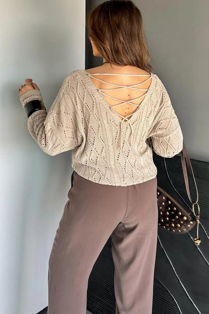 Parchment Geometric Textured Crisscross Lace up Knit V Neck Sweater