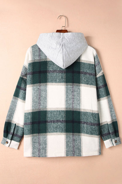 Green Plaid Hooded Button-Up Shacket