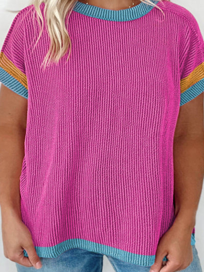 Rose Red Contrast Trim Textured Plus Size Top