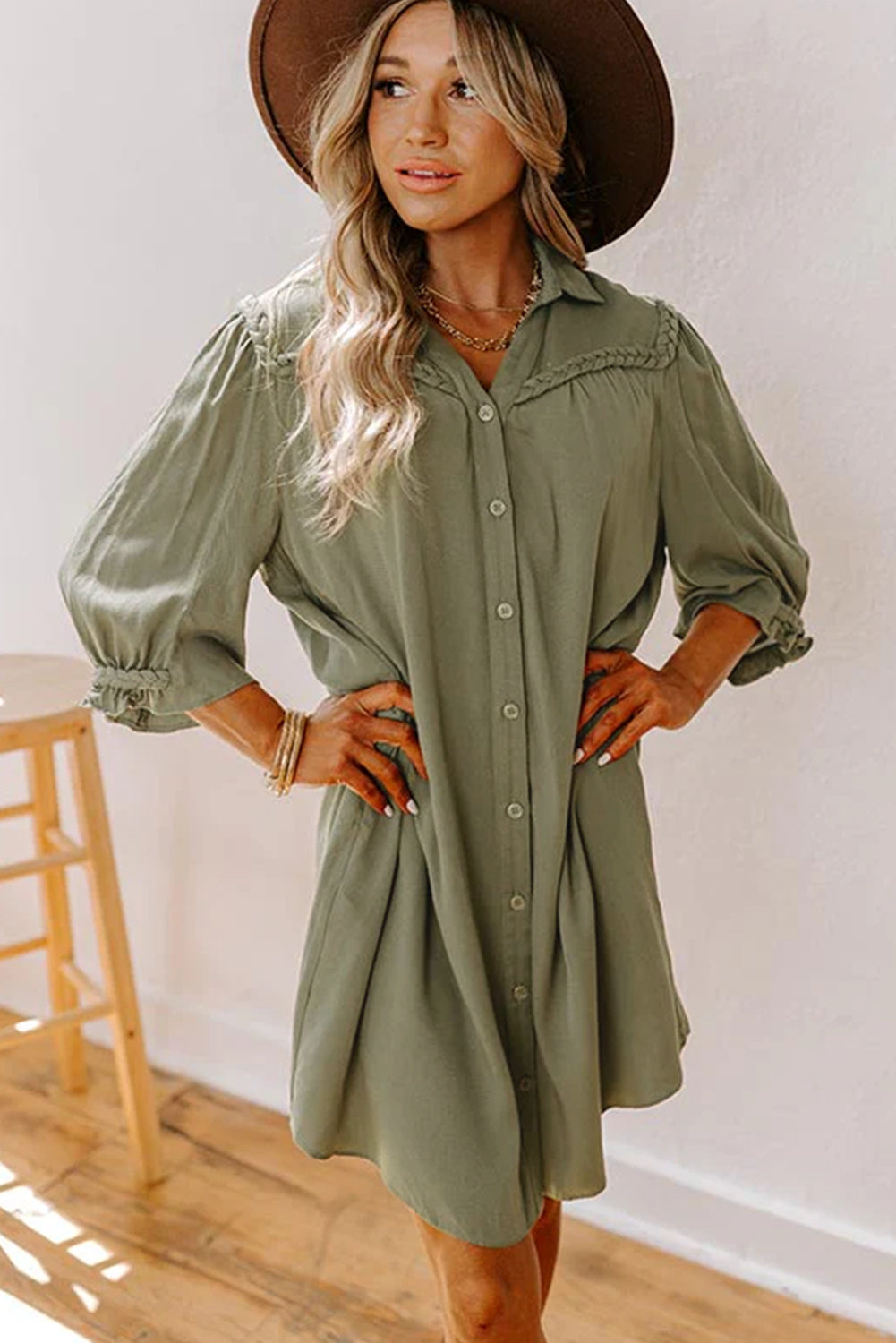 Four Leaf Clover Solid Color 3/4 Sleeve Braided Detail Button Down Mini Shirt Dress