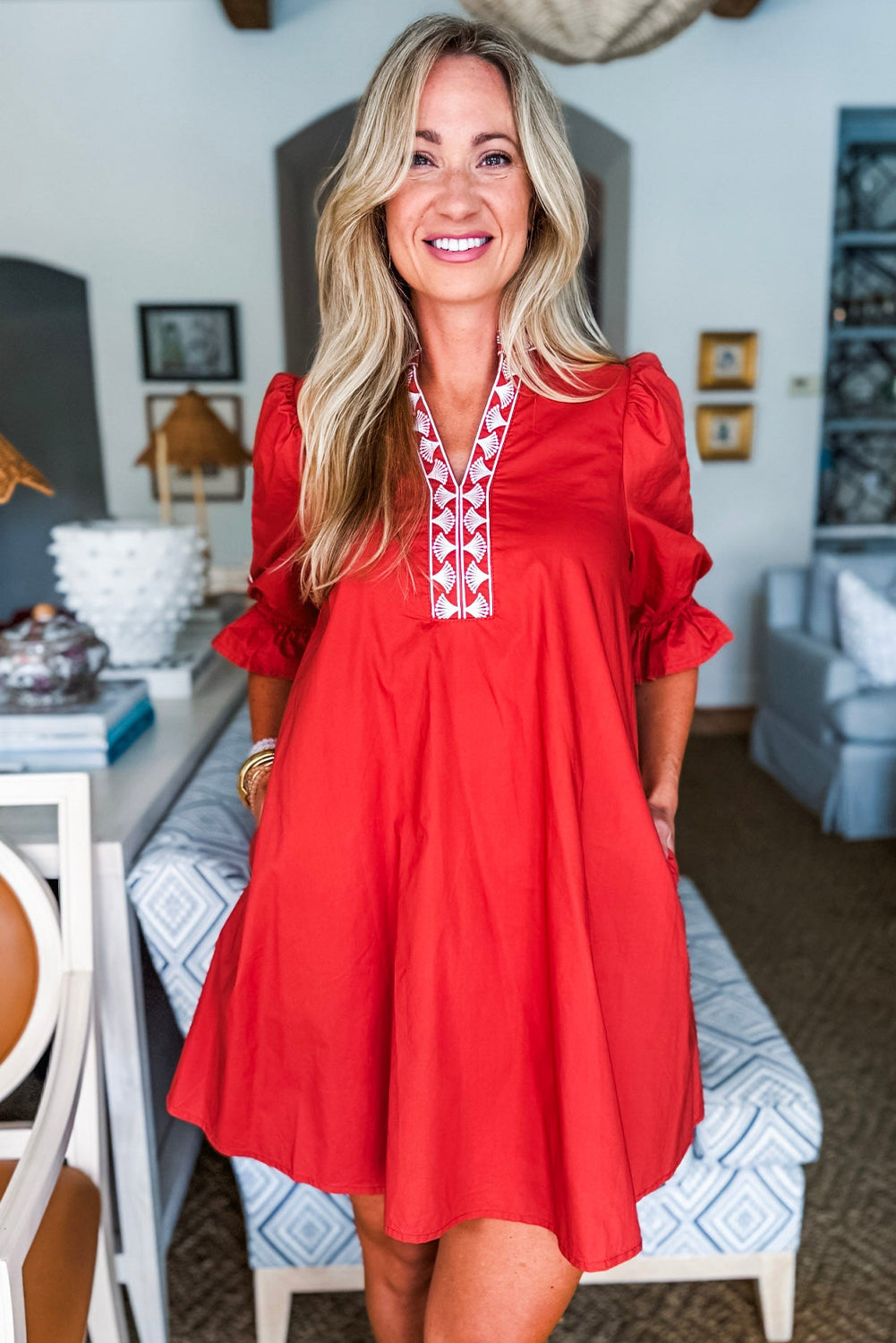 Fiery Red Flounced Half Sleeve Contrast Embroidered Split Neck Shift Mini Dress