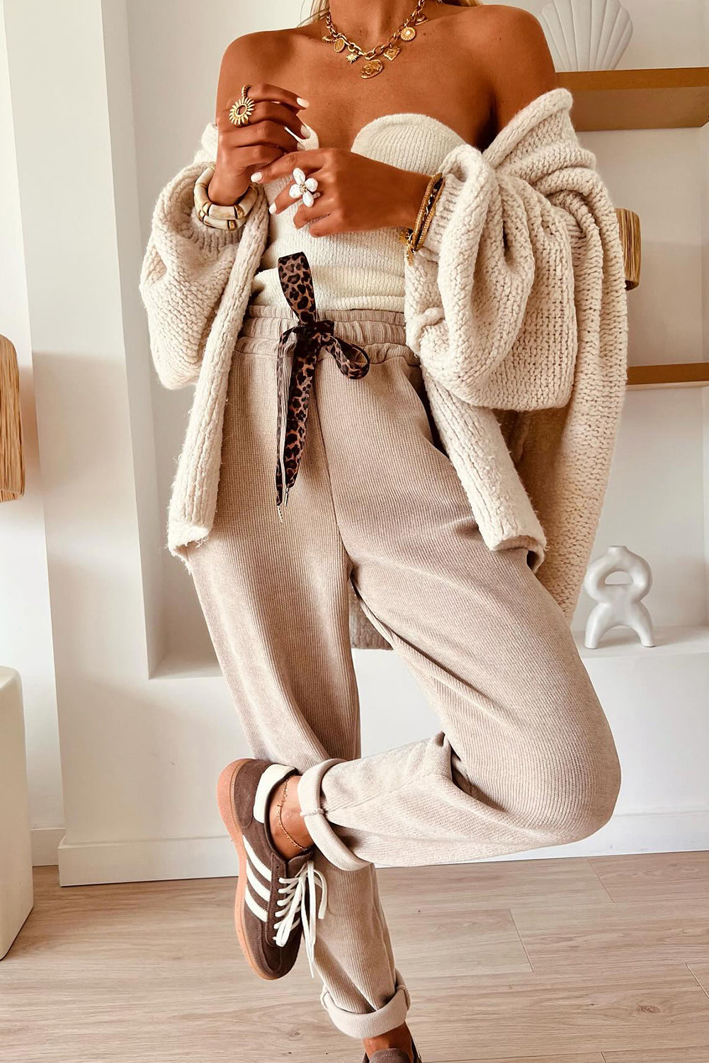 Parchment Leopard Drawstring Corduroy Tapered High Waist Trousers