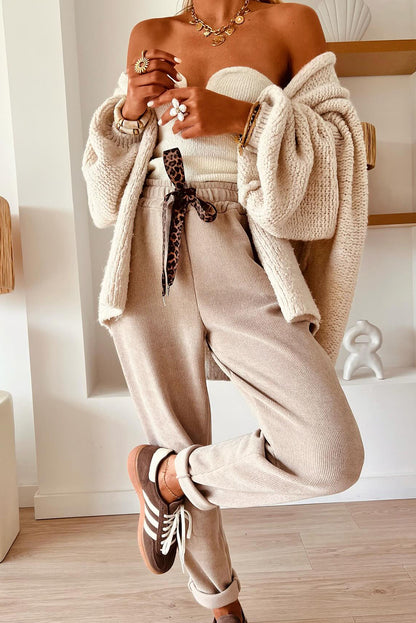 Parchment Leopard Drawstring Corduroy Tapered High Waist Trousers