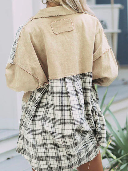 Khaki Plaid Patchwork Denim Shacket - Distressed Edges