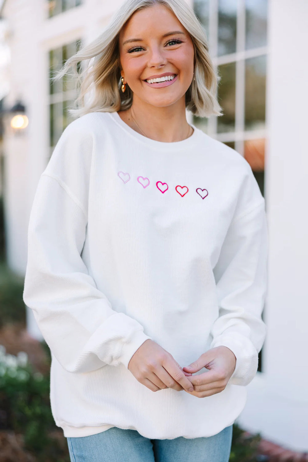 White 3d Ribbed XOXO Heart Embroidered Drop Shoulder Sweatshirt