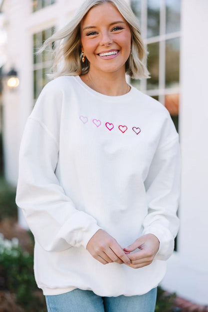 White 3d Ribbed XOXO Heart Embroidered Drop Shoulder Sweatshirt
