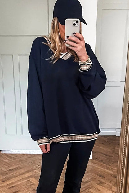 Navy Blue Varsity Contrast Striped Trim V Neck Sweatshirt
