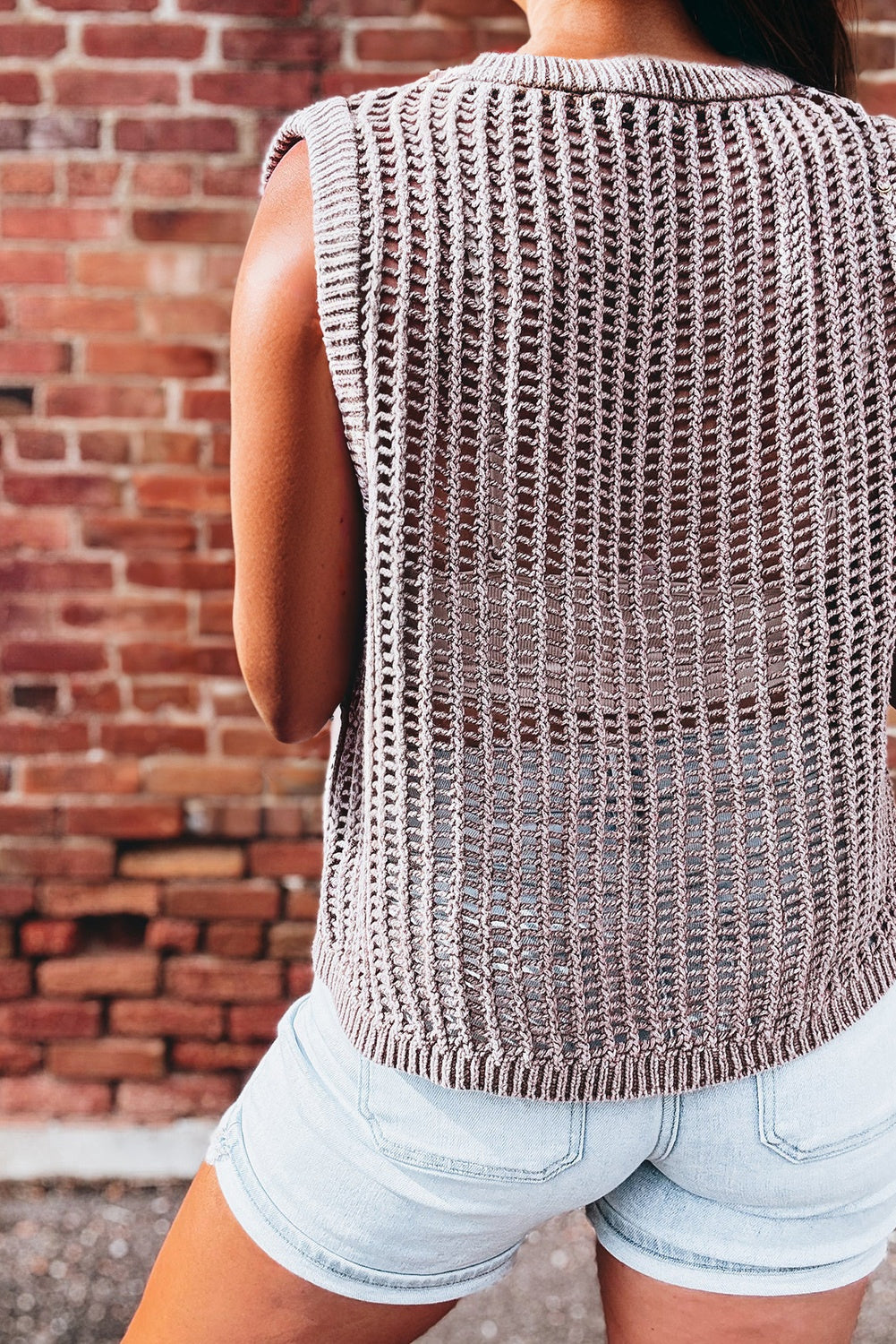 Simply Taupe Ribbed Trim Hollow Out Knitted Sweater Tank Top