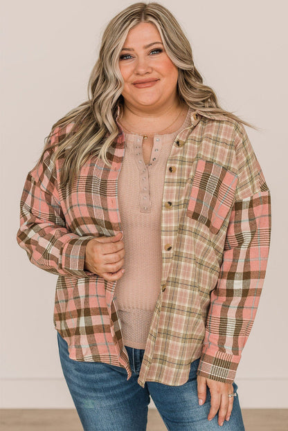 Pink Plaid Pocketed Plus Size Shirt With Long Sleeves