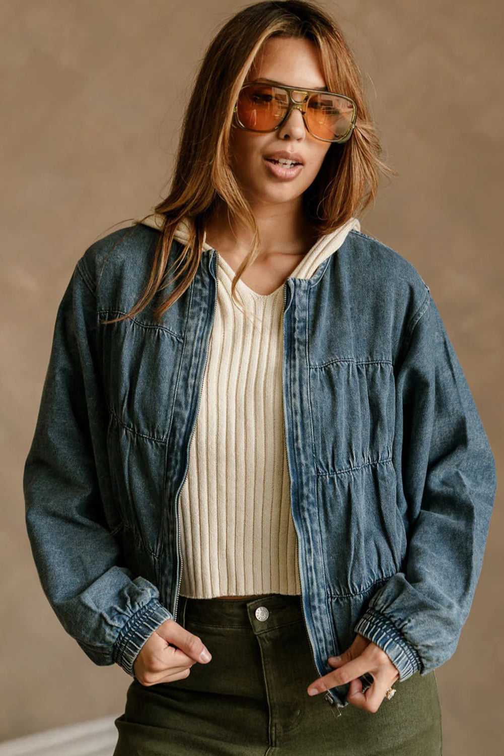 Real Teal Pleated Seam Detail Round Neck Zip Up Denim Jacket