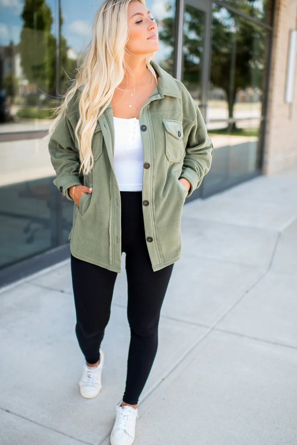 Smoke Green Solid Color Exposed Seam Patchwork Button Down Fleece Shacket