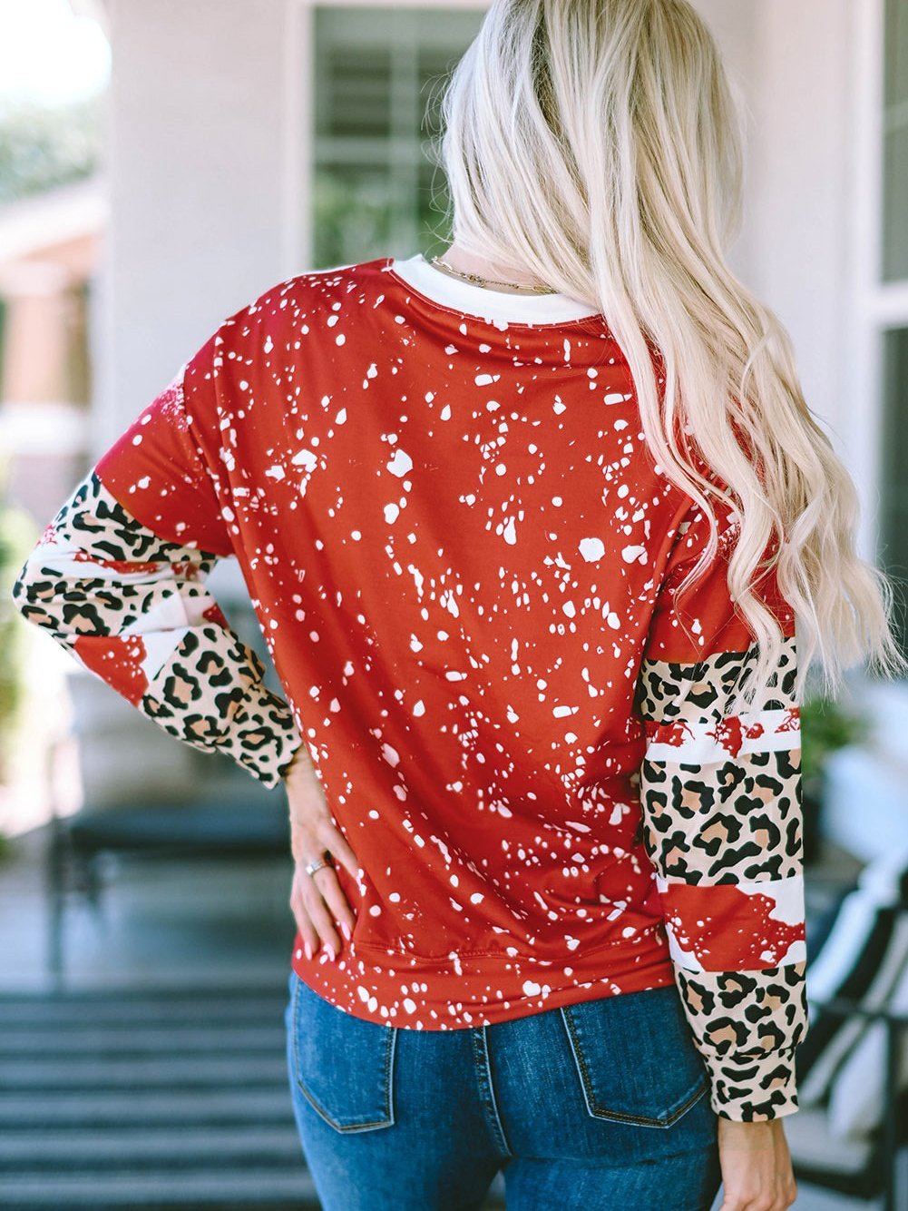 Fiery Red Tie Dye Leopard Christmas Tree Print Long Sleeve Top