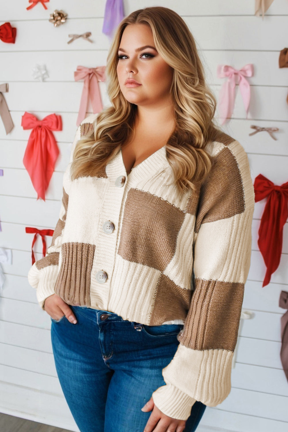 Khaki Checkered Ribbed Plus Size Cardigan Sweater