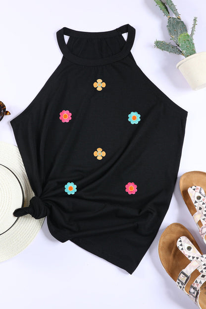 Floral Embroidered Black Tank Top with Sweet Details