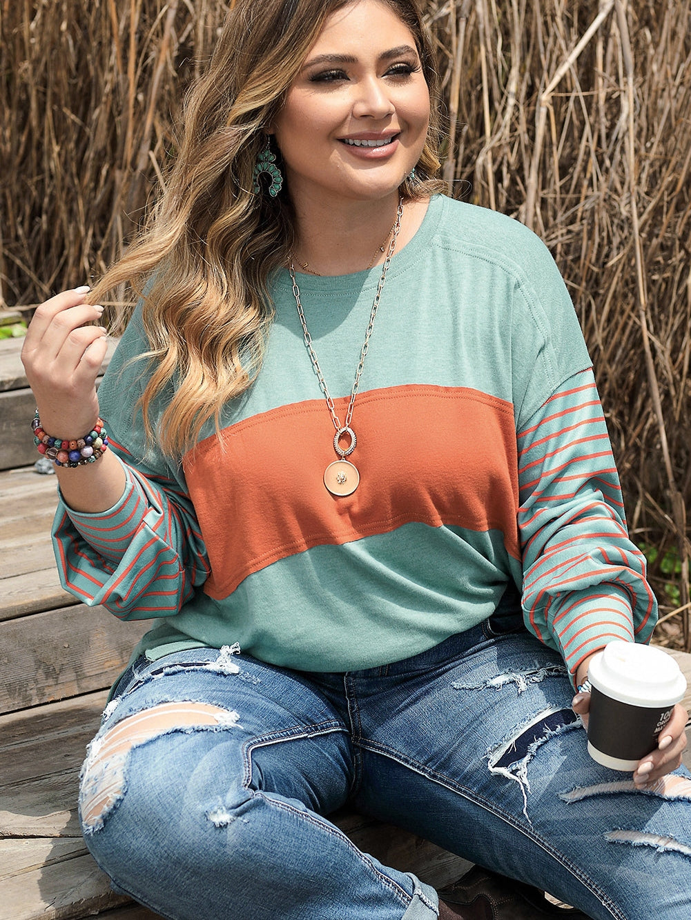 Green Plus Size Striped Long Sleeve Colorblock Tee with Slits