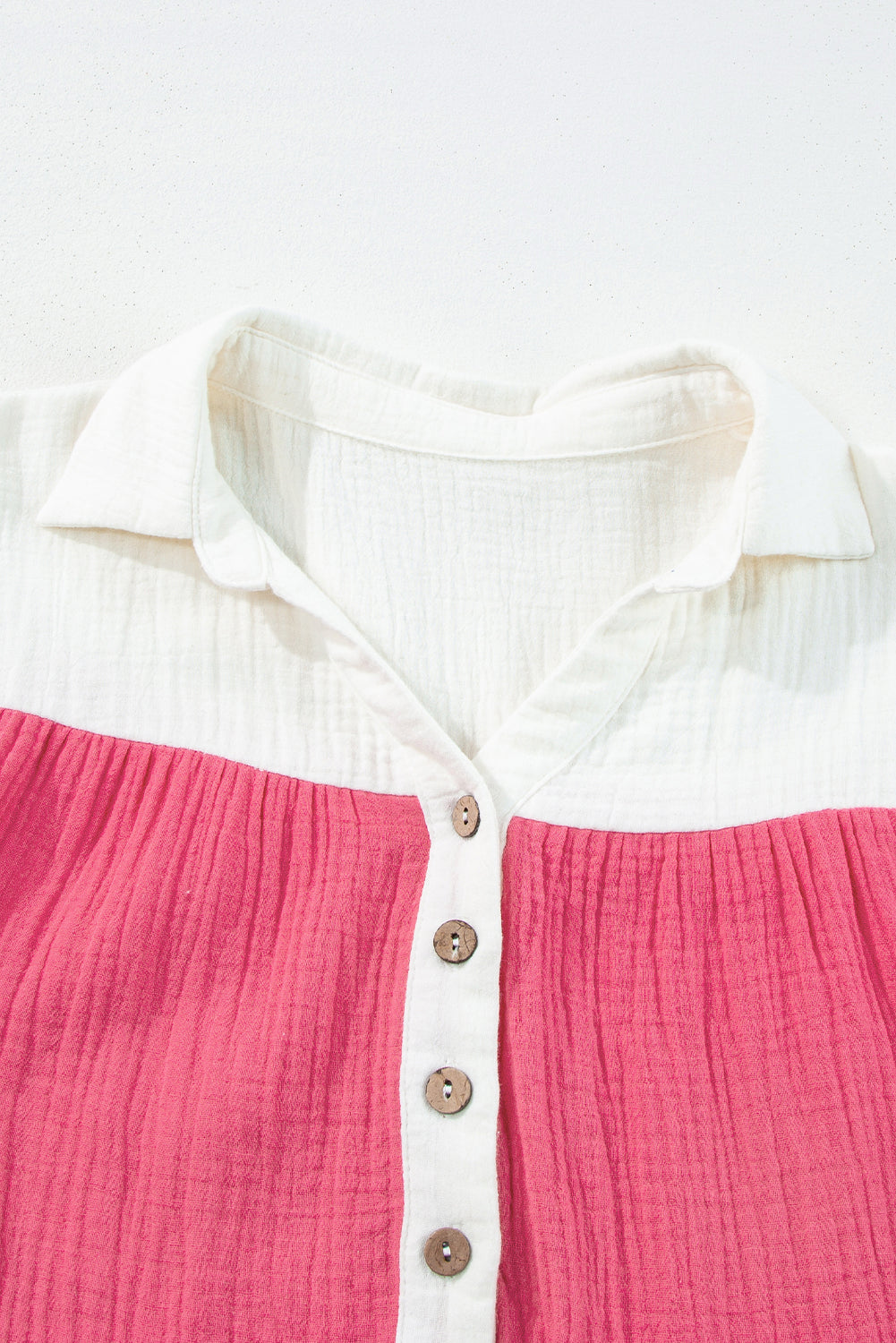 White Crinckle Colorblock Puff Sleeve Buttons Babydoll Dress