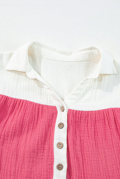 White Crinckle Colorblock Puff Sleeve Buttons Babydoll Dress