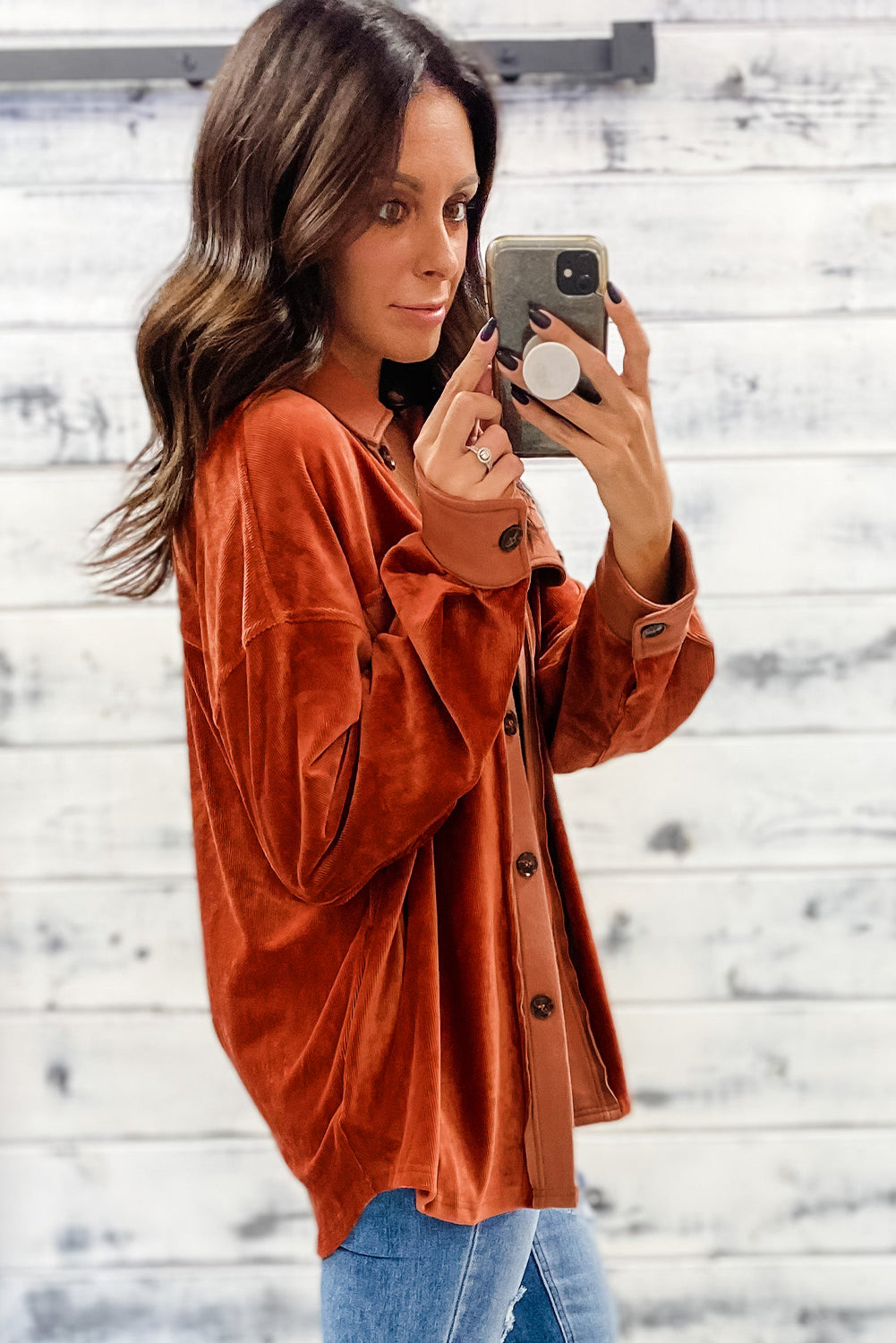 Gold Flame Velvet Flap Pockets Drop Shoulder Casual Shacket