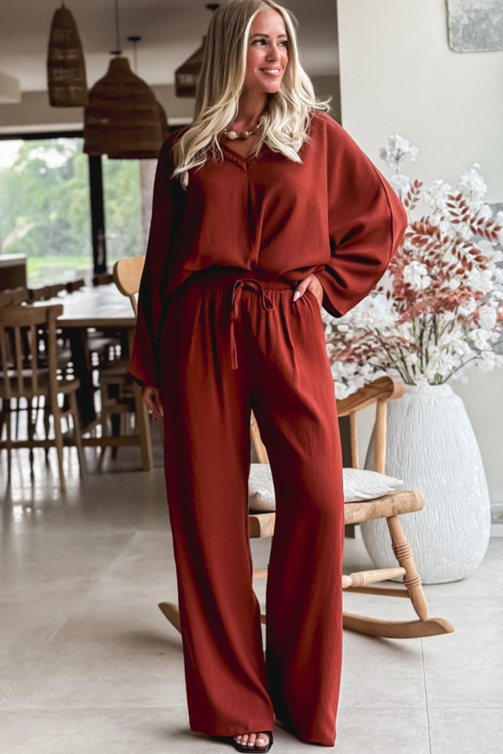 Clay Braided V Neck Long Sleeve Loose Top and Drawstring High Waist Pants 2pcs Outfit