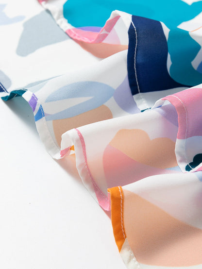 Sky Blue Geometric Print Puff Sleeve V Neck Top for Curvy Fashionistas