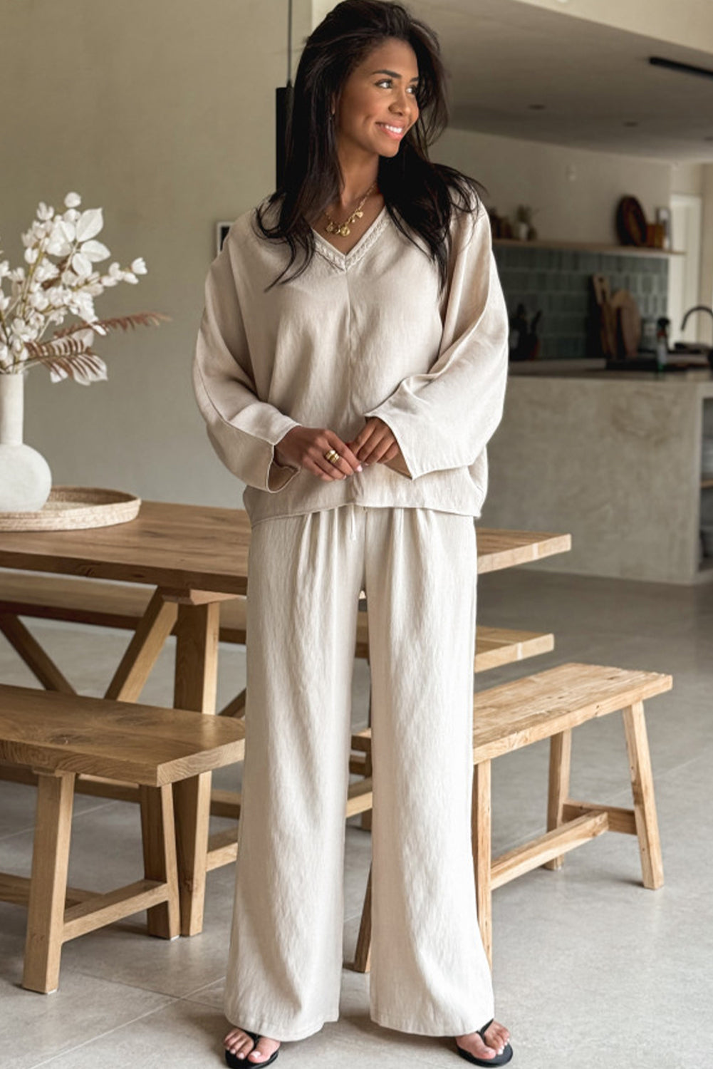 White Braided V Neck Long Sleeve Loose Top and Drawstring High Waist Pants 2pcs Outfit