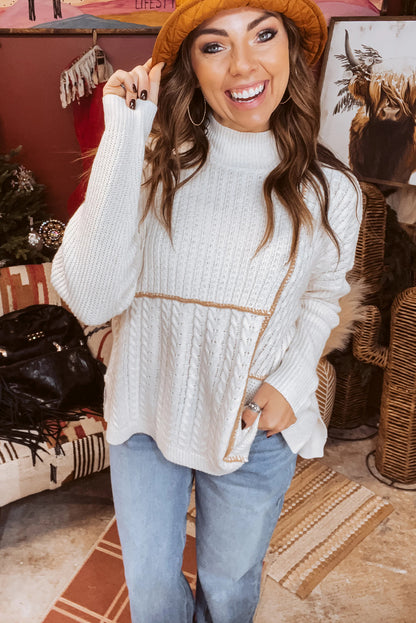 White Mix Texture Patchwork Contrast Stitch Mock Neck Sweater