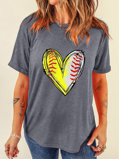 Baseball Heart Print Gray Crew Neck Tee