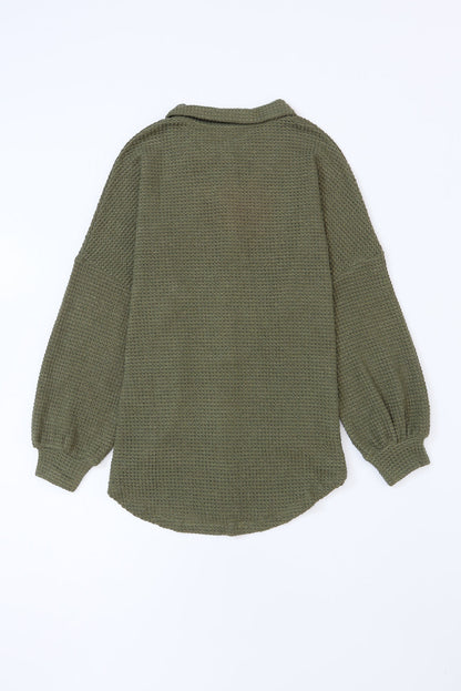 Green Textured Waffle Knit Button Down Blouse