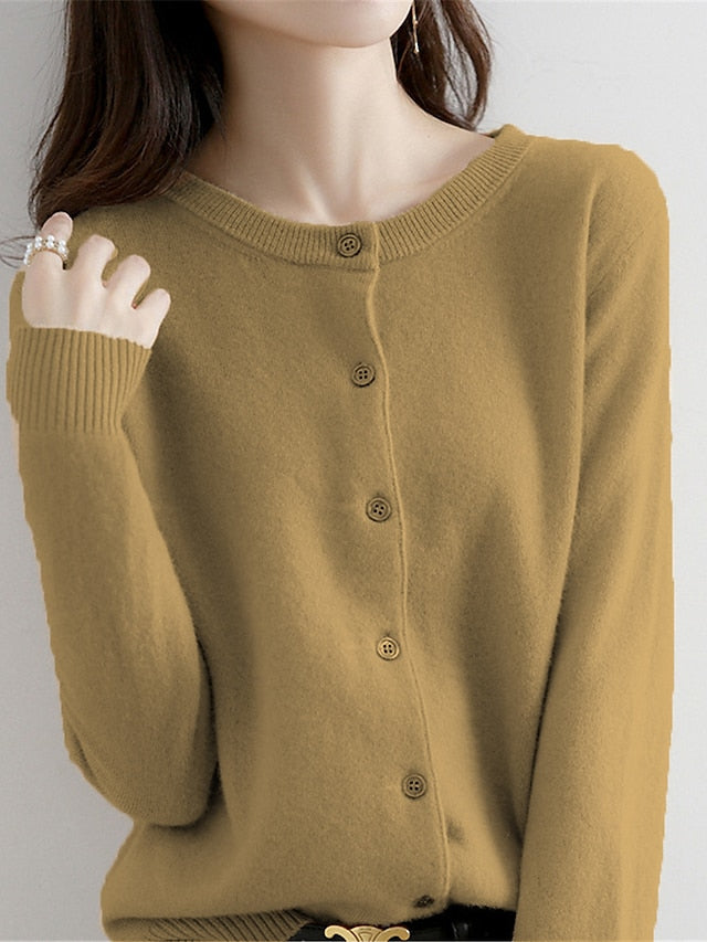 Women's Cardigan Sweater Jumper Ribbed Knit Button Solid Color Crew Neck Stylish Casual Outdoor Daily Autumn Winter Wine Red Big red S M L