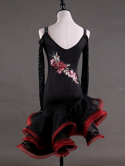 Latin Dance Dress Appliques Crystals / Rhinestones Women's Performance Long Sleeve High Spandex Georgette - LuckyFash™