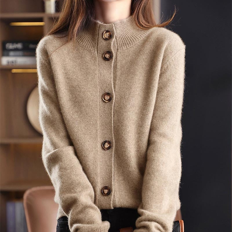 Women's Cardigan Sweater Stand Collar Knit Acrylic Button Knitted Fall Winter Outdoor Home Daily Stylish Basic Casual Long Sleeve Pure Color Camel Brown Beige One-Size S M
