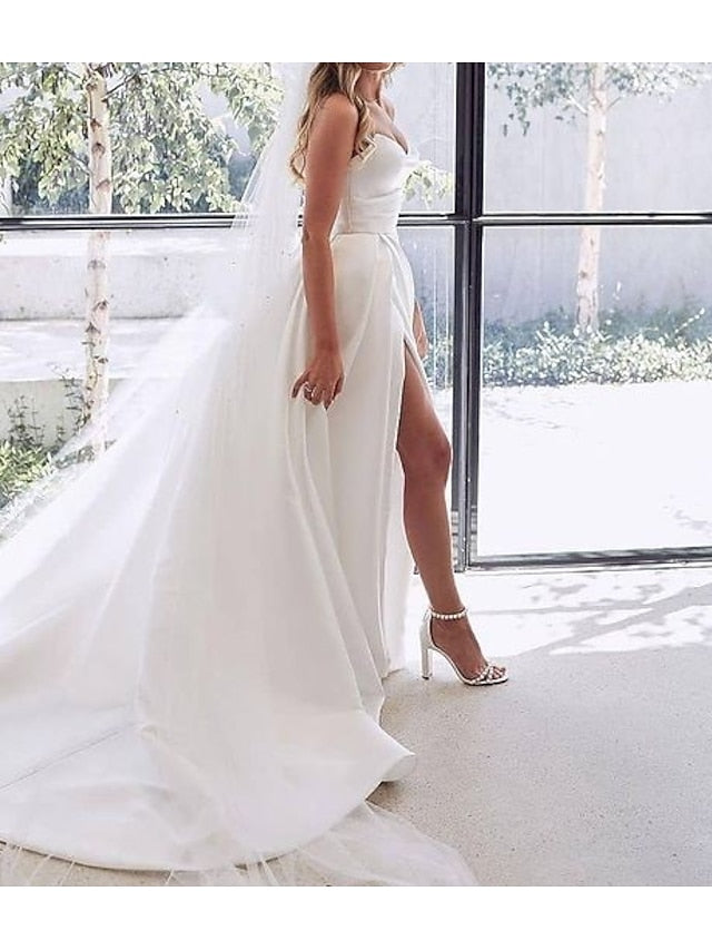 Engagement Sexy Wedding Dresses A-Line Sweetheart Strapless Court Train Satin Bridal Gowns With Split Front 2023 Summer Wedding Party, Women's Clothing - LuckyFash™