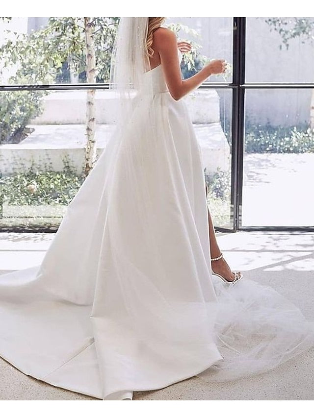 Engagement Sexy Wedding Dresses A-Line Sweetheart Strapless Court Train Satin Bridal Gowns With Split Front 2023 Summer Wedding Party, Women's Clothing - LuckyFash™